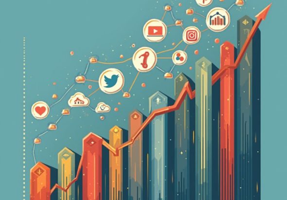 Un gráfico de crecimiento con flechas ascendentes combinadas con íconos de conectividad, como redes sociales, un megáfono o una pantalla interactiva.
