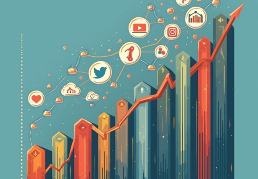 Un gráfico de crecimiento con flechas ascendentes combinadas con íconos de conectividad, como redes sociales, un megáfono o una pantalla interactiva.