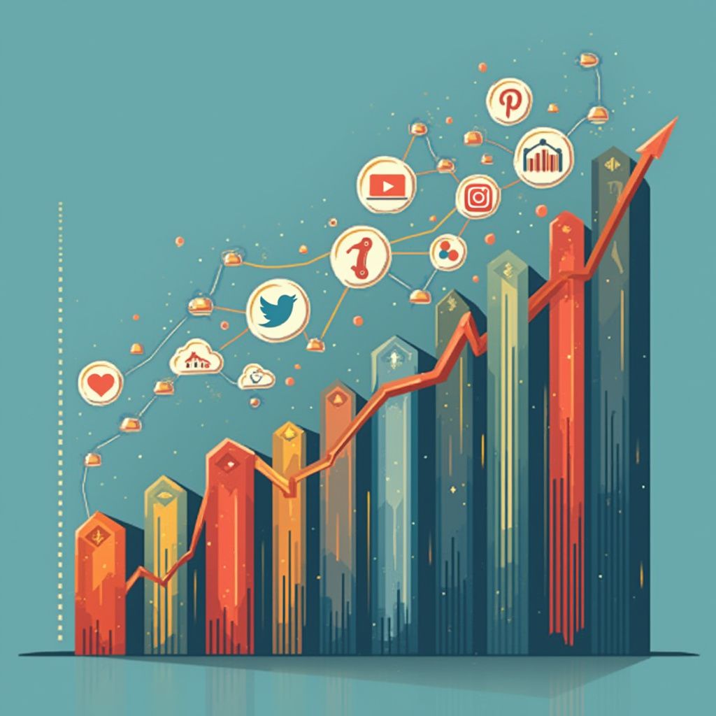 Un gráfico de crecimiento con flechas ascendentes combinadas con íconos de conectividad, como redes sociales, un megáfono o una pantalla interactiva.