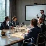 imagen sobre la importantcia de la accountability, ejecutivos de recursos humanos en una sala de reuniones con todo el personal de la empresa (3)